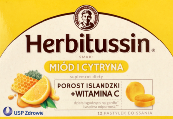 Herbitussin Miód i Cytryna, 12 pastylek do ssania, żółte opakowanie z cytryną, porost islandzki i witamina C.