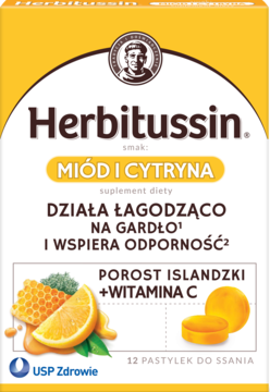 Biało-żółte opakowanie Herbitussin Miód i Cytryna, pastylki do ssania z porostem islandzkim i wit. C na gardło.