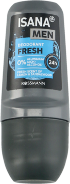 ISANA MEN Fresh roll-on deodorant 0% aluminium, ciemnoszara butelka z niebieską etykietą, widok z przodu.