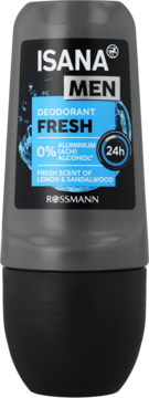 Ciemnoszary dezodorant w kulce ISANA MEN Fresh, widok z przodu. Zapach cytryny i drzewa sandałowego, 0% alkoholu.