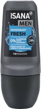 ISANA MEN Fresh dezodorant w kulce, ciemnoszara butelka z niebieską etykietą, 0% aluminium i alkoholu, zapach cytryny i drzewa sandałowego.