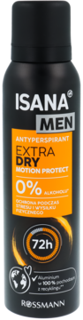 Antyperspirant Isana Men Extra Dry Motion Protect, czarny spray z pomarańczową etykietą, widok z przodu.