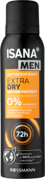 ISANA MEN Antyperspirant Extra Dry Motion Protect, czarna puszka z pomarańczowymi detalami, ochrona 72h.