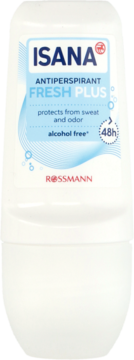 Frontalny widok białego antyperspirantu w kulce Isana Fresh Plus, 48h ochrony, bez alkoholu.