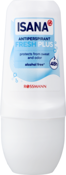 Biały antyperspirant Isana Fresh Plus w kulce, bez alkoholu, z logo Rossmann, widok z przodu.