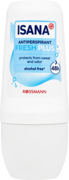 Biały antyperspirant ISANA Fresh Plus w kulce, widok z przodu. Na etykiecie niebieski napis, 0% alkoholu.