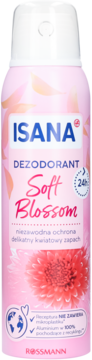 Isana Soft Blossom dezodorant w sprayu, różowa butelka z czerwonym kwiatem i delikatnym kwiatowym zapachem, widok z przodu.