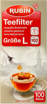 Czerwono-beżowe opakowanie filtrów do herbaty RUBIN, rozmiar L, 100 sztuk, z grafiką filiżanki herbaty i Big Benem.
