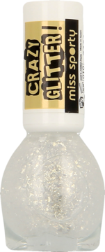 Miss Sporty Crazy Glitter top coat, przezroczysta butelka z białym korkiem i srebrno-złotymi płatkami brokatu.