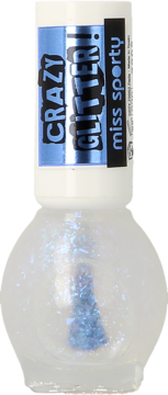 Brokatowy top coat Miss Sporty Crazy Glitter z płatkami złota. Biała butelka, widok z przodu, niebieska etykieta.