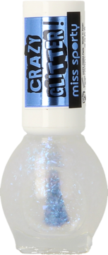 Brokatowy top coat Miss Sporty Crazy Glitter z płatkami złota. Biała butelka, widok z przodu, niebieska etykieta.