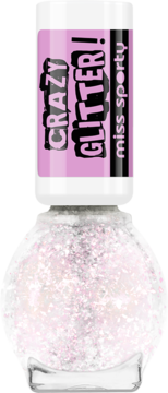 Miss Sporty Crazy Glitter! top coat, przezroczysta butelka z różowym brokatem, biała nakrętka z etykietą, widok z przodu.