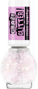 Miss Sporty Crazy Glitter! top coat, przezroczysta butelka z różowym brokatem, biała nakrętka z etykietą, widok z przodu.