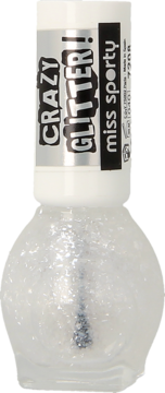 Butelka Miss Sporty Crazy Glitter z przezroczystym lakierem i srebrnym brokatem, widoczny pędzelek.