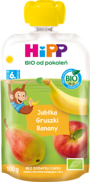 HiPP BIO mus Jabłka Gruszki Banany 100g, białe opakowanie z zielonym tłem, małpką i owocami, widok z przodu.