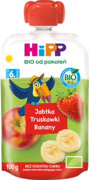 HIPP BIO od pokoleń ,mus owocowy w tubce, Jabłka, Truskawki i Banany, 6m+,przód