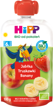 HiPP BIO mus Jabłka Truskawki Banany, biała saszetka z czerwoną nakrętką, bez cukru, dla dzieci od 6 m-ca.