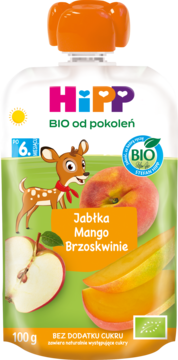 HiPP BIO Jabłka Mango Brzoskwinie mus 100g, biała saszetka z owocami i jelonkiem. Widok z przodu.