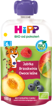 Biała saszetka HiPP BIO mus owocowy, Jabłka-Brzoskwinie-Owoce leśne, 100g, po 6. miesiącu, z tygrysem, widok z przodu.