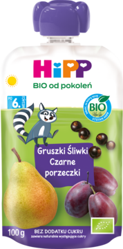 HIPP BIO od pokoleń ,mus owocowy w tubce, Gruszki, Śliwki, Czarne Porzeczki, 6m+,przód