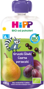 HiPP BIO mus: gruszki, śliwki, czarne porzeczki, biała saszetka 100g, dla dzieci po 6. miesiącu.