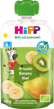 HIPP BIO od pokoleń ,mus owocowy w tubce, Gruszki, Banany, Kiwi, 6m+,przód