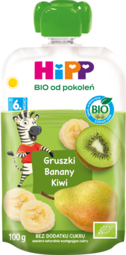 HiPP BIO Gruszki Banany Kiwi mus, dla niemowląt po 6. miesiącu, bez cukru, zielona saszetka z owocami.