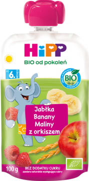 HIPP BIO od pokoleń ,mus owocowo-zbożowy w tubce, Jabłka, Banany, Maliny z orkiszem, 6m+,przód