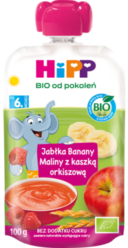HiPP BIO mus jabłka-banany-maliny z kaszką orkiszową, 100g, w zielonej saszetce z elefantem, od 6. miesiąca.