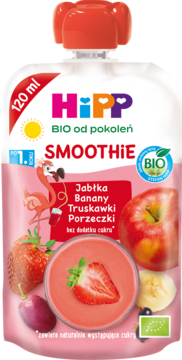 Biała saszetka HiPP BIO Smoothie dla dzieci po 1 roku, z czerwoną zakrętką, grafiką jabłek, bananów, truskawek i porzeczek.