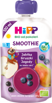 HIPP BIO od pokoleń Smoothie,mus w tubce, Jabłka, Gruszki i Jagody, 1rż+,przód