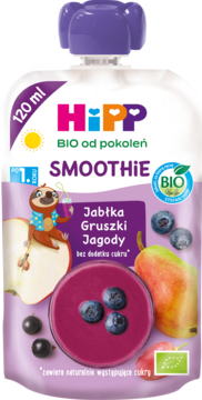HiPP BIO Smoothie jabłko, gruszka, jagody, mus bez cukru, biała saszetka z leniwcem, dla dzieci po 1. roku.