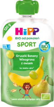 HIPP BIO od pokoleń Sport,mus owocowo-zbożowy w tubce, Gruszki, Banany, Winogrona z owsem, 1rż+,przód