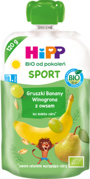 HiPP BIO SPORT mus owocowy, gruszki-banany-winogrona z owsem, zielono-biała saszetka z lwem, dla dzieci po 1. roku.