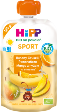 HIPP BIO od pokoleń Sport,mus owocowo-zbożowy w tubce, Banany, Gruszki, Pomarańcze, Mango z ryżem, 1rż+,przód