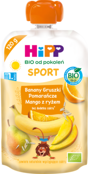 HiPP BIO SPORT mus owocowy: banany, gruszki, pomarańcze, mango z ryżem, BIO, w żółtej saszetce, widok z przodu.