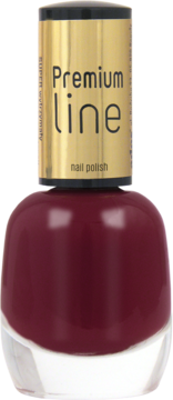 Trwały lakier Ados Premium Line, burgundowy, butelka z gold cap i napisem 'nail polish', na białym tle, widok frontalny.