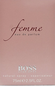 Różowe pudełko perfum Hugo Boss Femme Eau de Parfum 75ml, z ozdobnym napisem, widok z przodu.