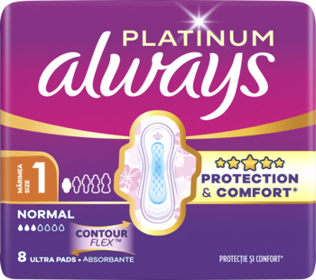 Fioletowe opakowanie Always Platinum Normal, rozmiar 1, 8 podpasek ze skrzydełkami. Napisy 'Protection & Comfort'.