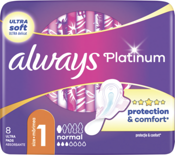 Fioletowe opakowanie podpasek Always Platinum Normal rozmiar 1 (8 sztuk), z połyskującą grafiką i białą podpaską ze skrzydełkami.