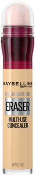 Maybelline Instant Eraser korektor w beżowej butelce z czerwoną górą i gąbką, widok z przodu.