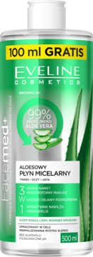Eveline Facemed+ aloesowy płyn micelarny 500ml z Aloe Vera, 100ml gratis, zielona etykieta, widok z przodu.