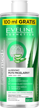 Eveline Facemed+ aloesowy płyn micelarny 500ml z Aloe Vera, 100ml gratis, zielona etykieta, widok z przodu.