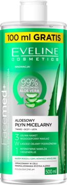 Eveline Cosmetics Facemed+ aloesowy płyn micelarny 3w1, 500ml+100ml gratis, zielona butelka, widok z przodu.