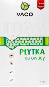 Opakowanie VACO MAX PŁYTKA na owady, białe z zielonymi akcentami i ikonami owadów, widok z przodu.
