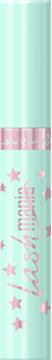 Maskara Lovely Lashmania: miętowa tubka z różowymi gwiazdkami i napisem "Lash Mania", widok z przodu. Wydłuża i pogrubia rzęsy.