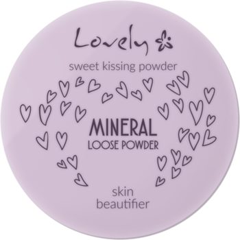 Okrągły Lovely Mineral Loose Powder, liliowe opakowanie z serduszkami. Widok z góry matującego fiksera mineralnego.