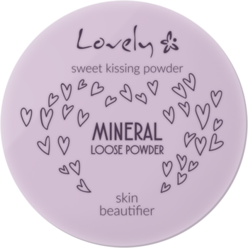 Okrągły Lovely Mineral Loose Powder, liliowe opakowanie z serduszkami. Widok z góry matującego fiksera mineralnego.