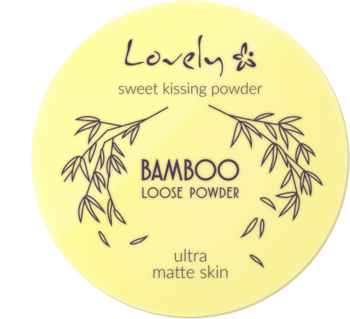 Widok z góry na żółty, okrągły puder Lovely Bamboo z grafiką bambusa, 'ultra matte skin'.