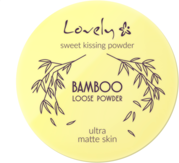 Widok z góry na żółty, okrągły puder Lovely Bamboo z grafiką bambusa, 'ultra matte skin'.